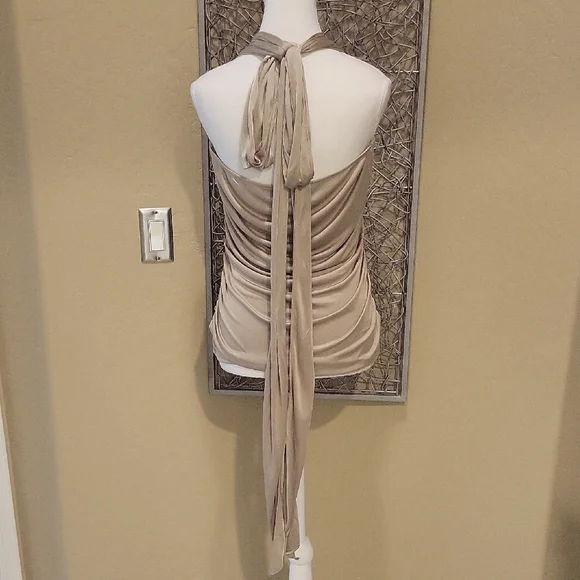 Moda International Taupe Gold Ruched Halter with Extra-Long Convertible Tie - Picture 1 of 5
